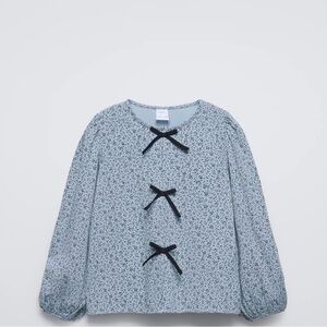 Zara Kids Blue Floral Blouse with Black Bows